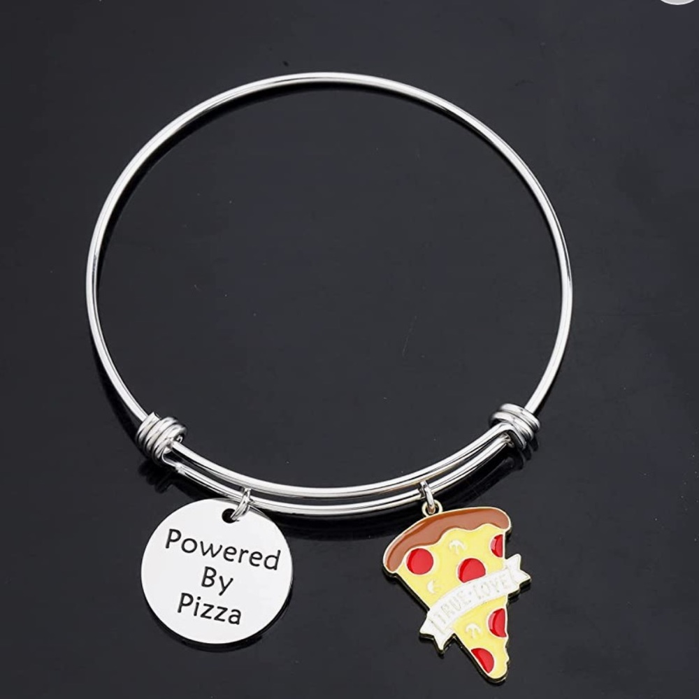 Powered by pizza bracelet silver bangle pizza lover Womens bracelet